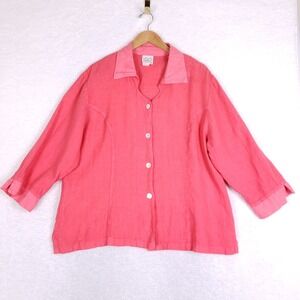 DONNA Vintage Linen Button Up Shirt XL Coral Pink Boxy Coastal Grandma Blouse